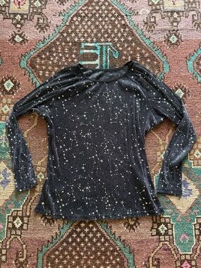 Kate Kasin Black and Silver Star Mesh Long-sleeve Shirt